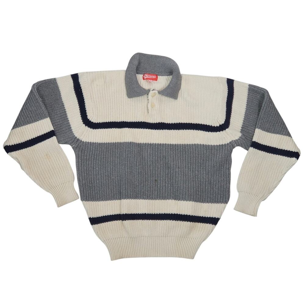 Vintage 90s Merona Cream Grey Rugby Stripe Polo Knit Sweater Mens L